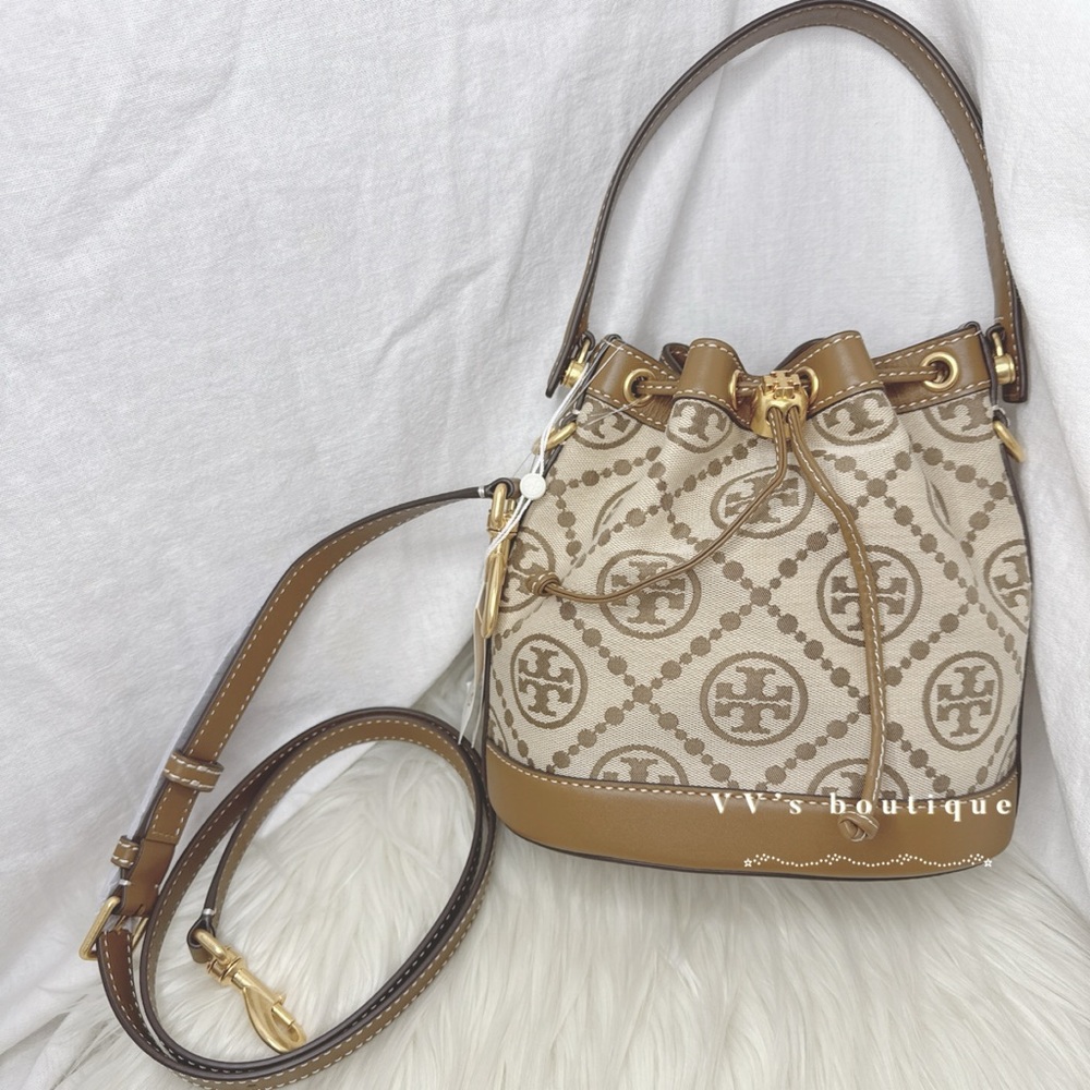 NWT Tory Burch T Monogram Jacquard Bucket Bag Crossbody Hazel Brown 84336 RARE